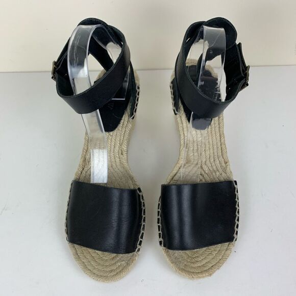 J‎ Crew Black Leather Corsica Ankle Strap Peep-Toe Espadrilles Sz 11 - Picture 2 of 7